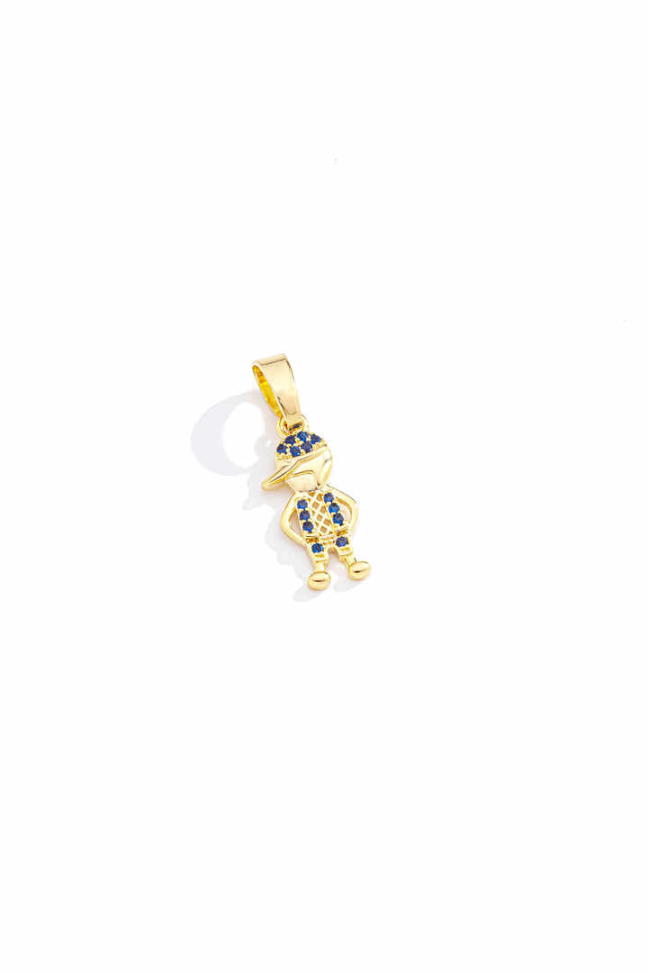 Pingente - Pingente Menino Cravejado com Zircônias Azuis Pingente infantil com formato de menino e corpo inteiramente cravejado com zircônias azuis.